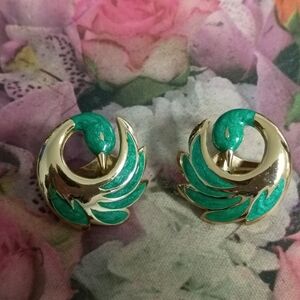 ❤️ORENA PARIS GREEN ENAMEL SWAN PIERCED AND CLIP EARRINGS SIGNED